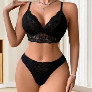2 pièces/ensemble de sous-vêtements pour femmes Sexy dentelle côtelé soutien-gorge culotte