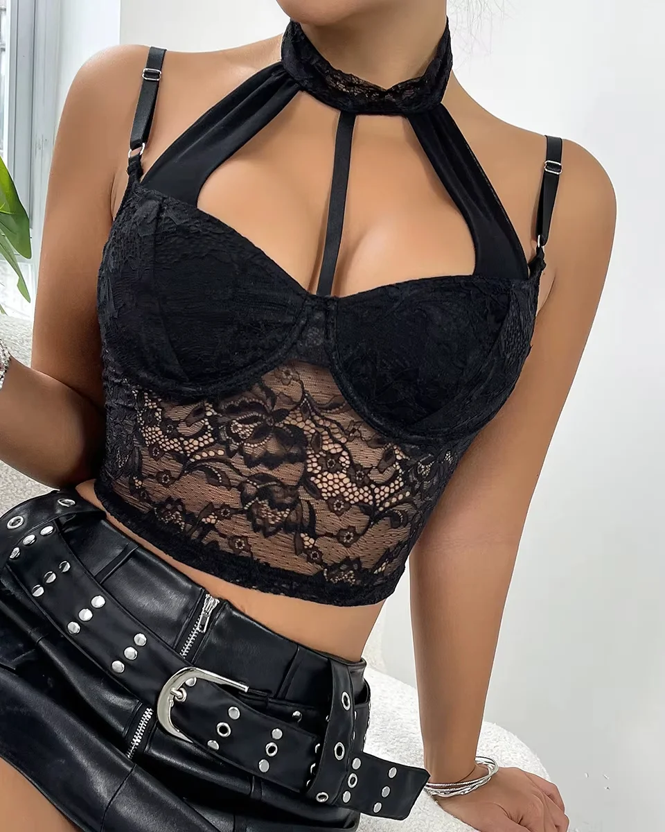 Bustier en dentelle brodée, sexy, ouvert, maille ajourée – Image 6