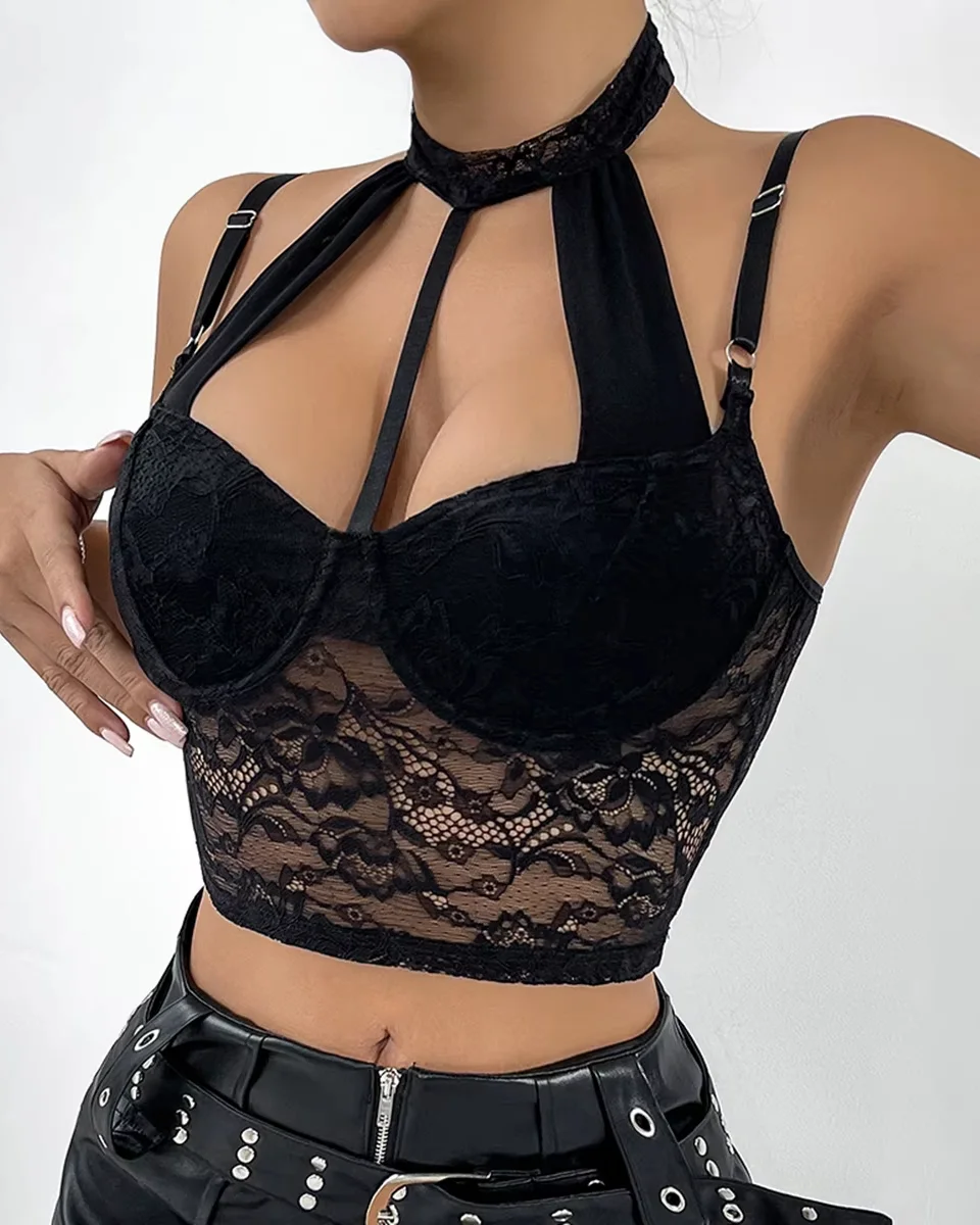 Bustier en dentelle brodée, sexy, ouvert, maille ajourée – Image 2