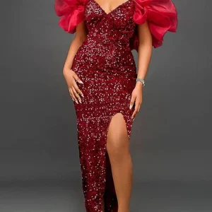 Robe en velours à manches moelleuses à paillettes pour femmes
