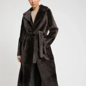 Long reversible belted shearling coat