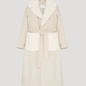 Belted cashmere wool coat with mink fur pockets and collar - beige/white