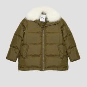 A-line down jacket with a wide lambswool collar