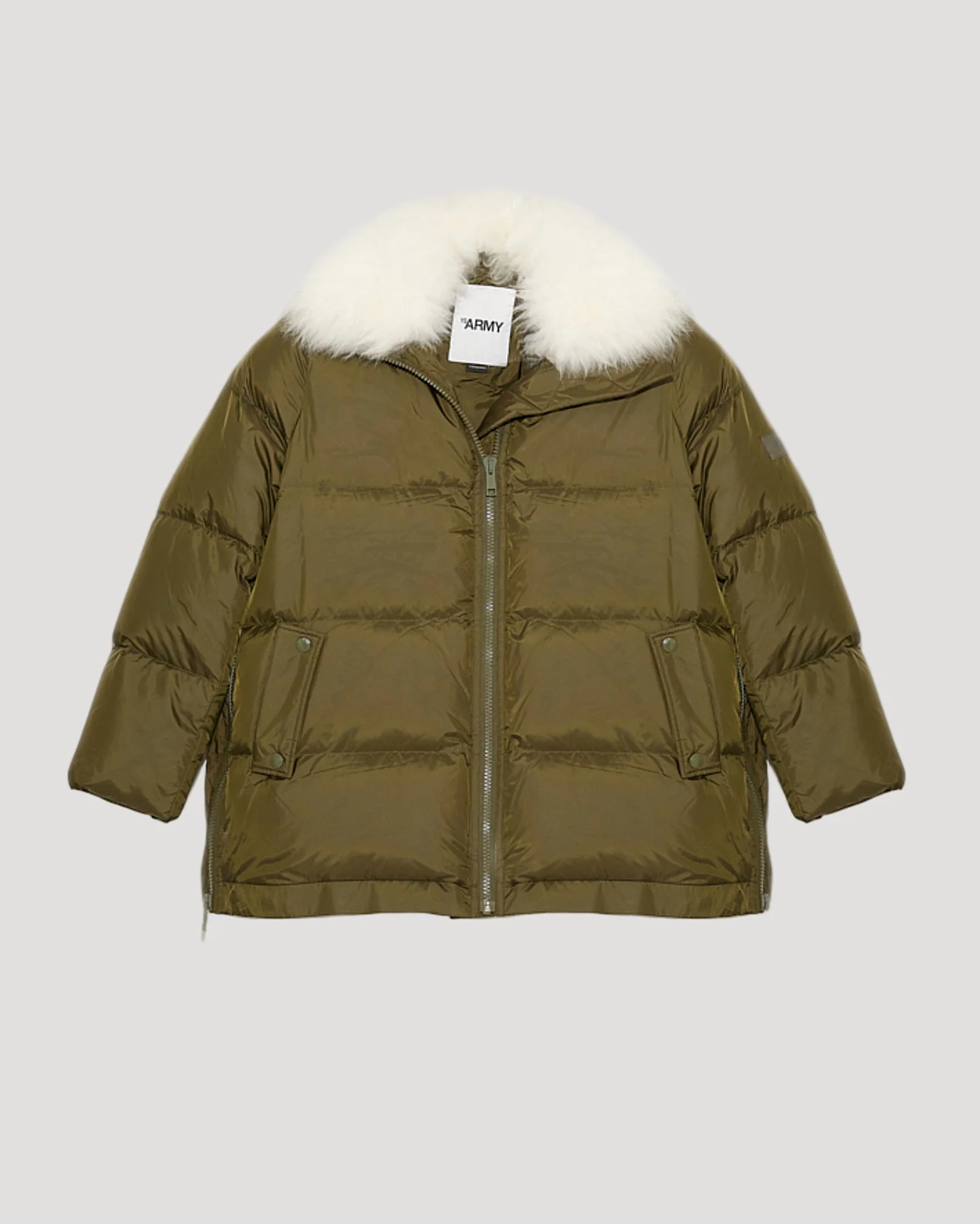 A-line down jacket with a wide lambswool collar