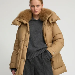 3/4 hooded down jacket in Tibetan lambswool