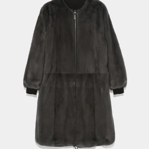 Reversible parka bomber jacket in water-repellent technical fabric and long-haired mink fur
