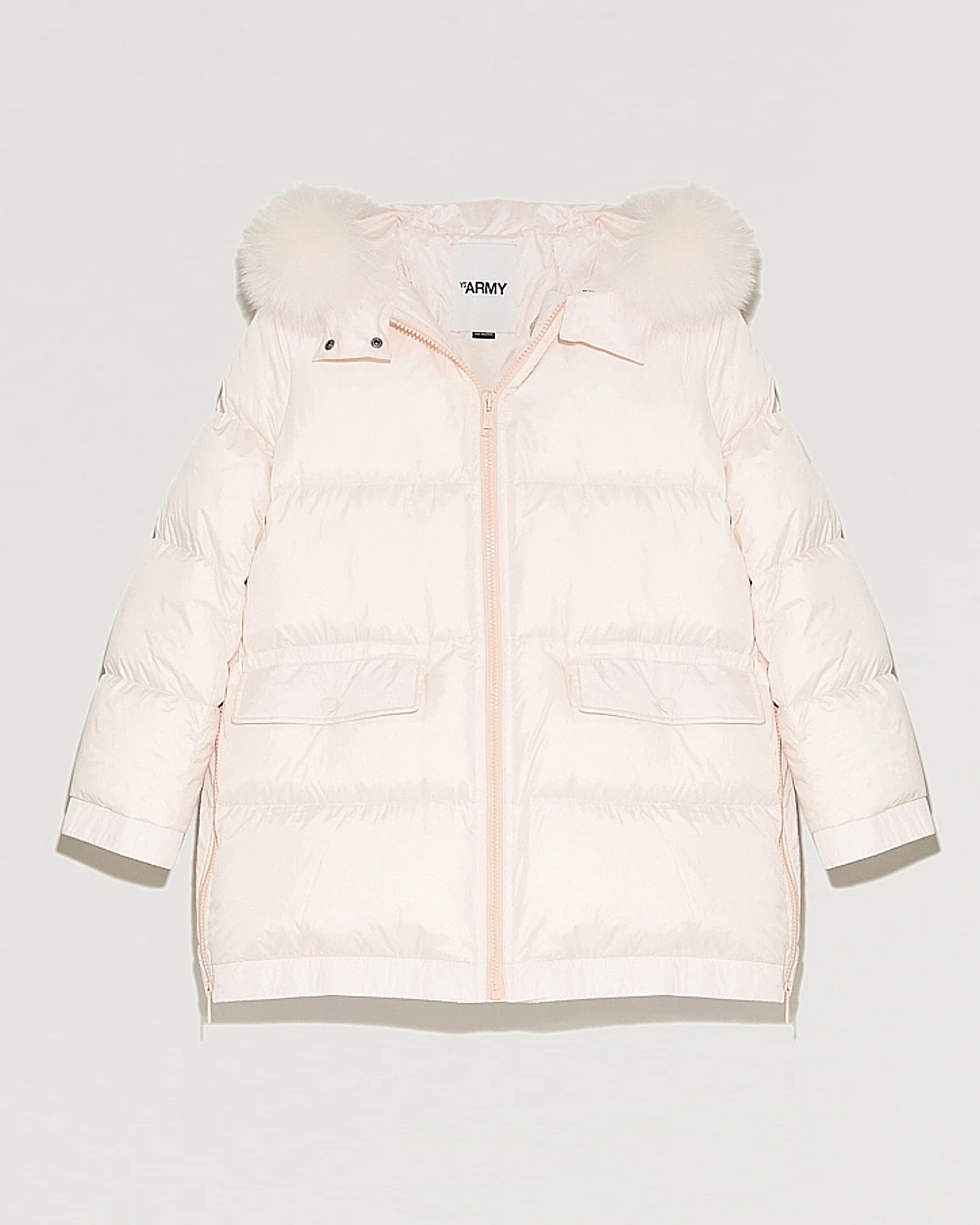 A-line puffer jacket with hood and fox fur trim