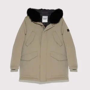 Hooded technical gabardine down jacket with fox fur - khaki
