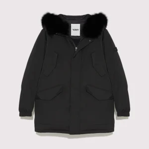 Hooded technical gabardine down jacket with fox fur - black