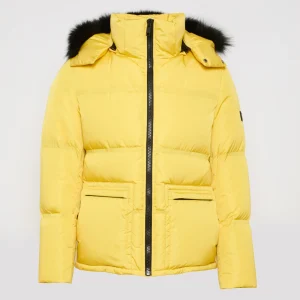 Gabardine down jacket with hood and fox fur