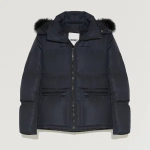 Hooded down jacket in technical gabardine with fox fur