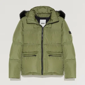 Hooded down jacket in technical gabardine with fox fur