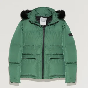 Hooded down jacket in technical gabardine with fox fur