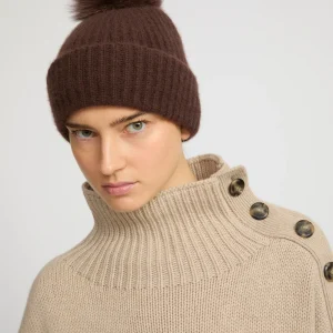 100% cashmere knit beanie with fox fur pompom
