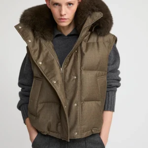 Flannel gilet with fox fur collar