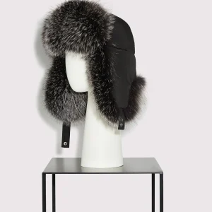 Fox fur trim chapka - black