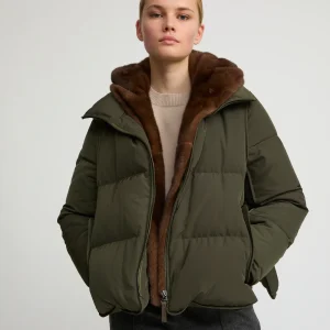 Iconic "A" line down jacke with mink fur hooded bib