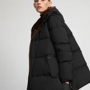 "A" Line puffer jacket in technical fabric and mink fur