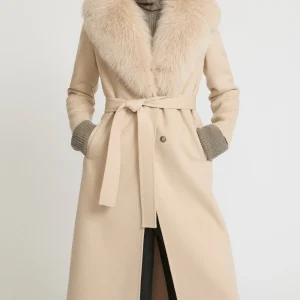 Belted coat in cashmere wool with fox fur collar and lapel