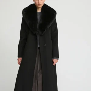 Belted coat in cashmere wool with fox fur collar and lapel