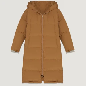 Long reversible hooded down jacket in waterproof technical fabric