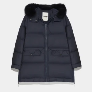 “A” line down jacket with fox fur hood trim