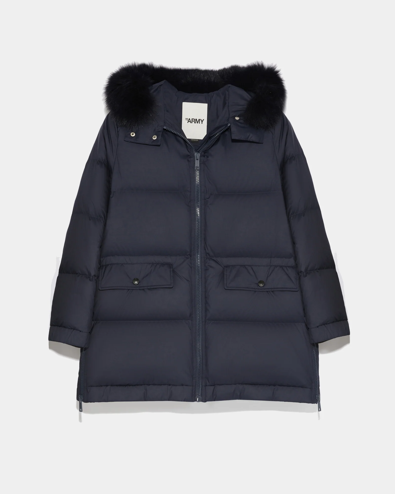 “A” line down jacket with fox fur hood trim