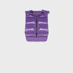 Reversible down-filled bib in matte and shiny water-repellent technical fabric