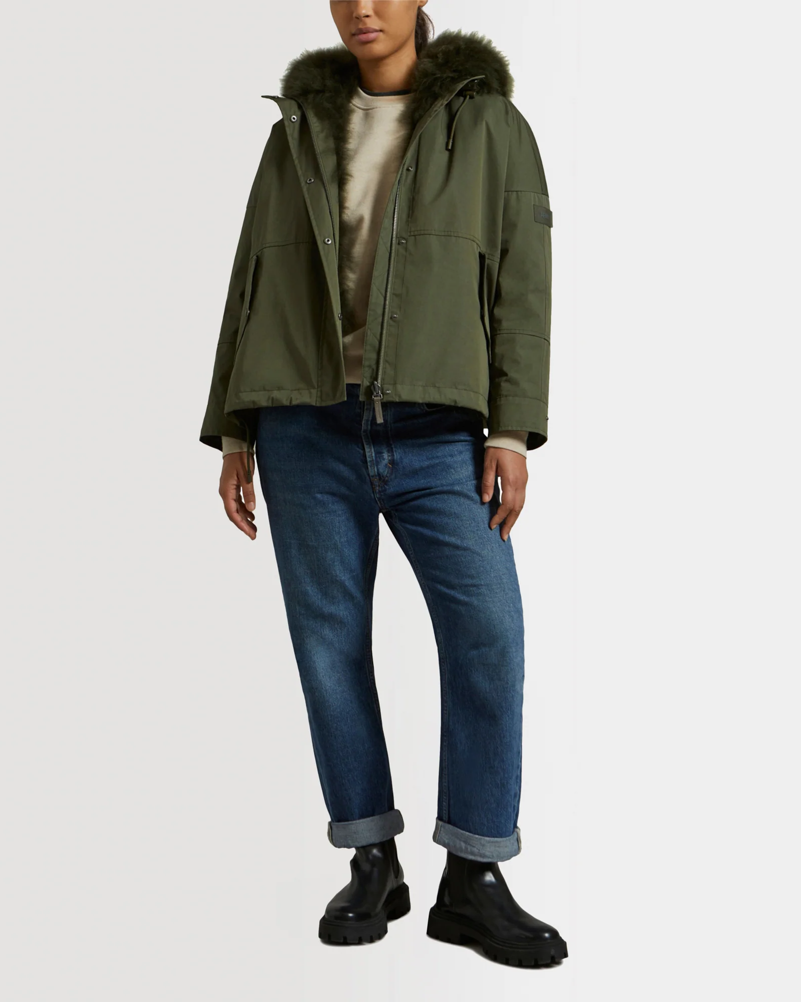Cropped reversible parka in weather-resistant technical fabric and fluffy lambswool