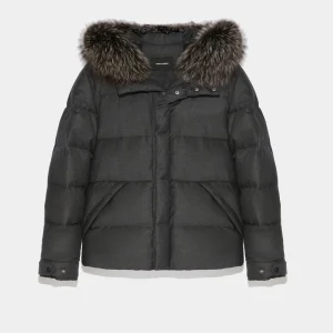 Hooded Down Jacket made with waterproof Loro Piana fabric and fox fur trim