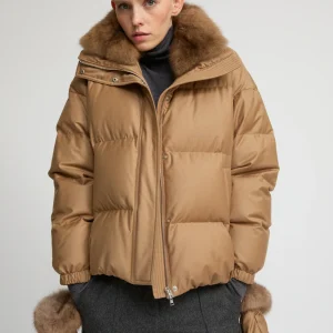 Short down jacket made with Loro Piana flannel and sable fur