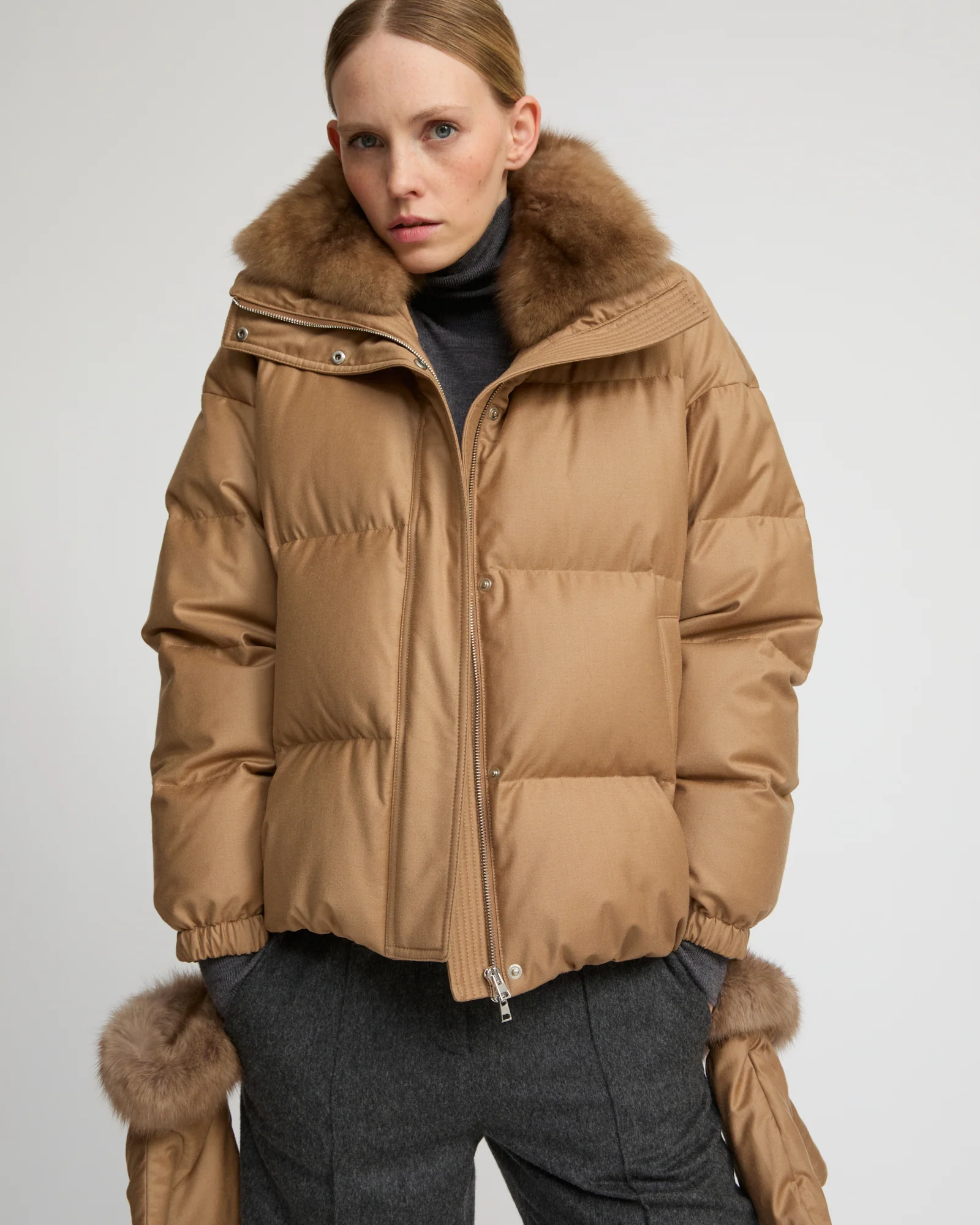 Short down jacket made with Loro Piana flannel and sable fur