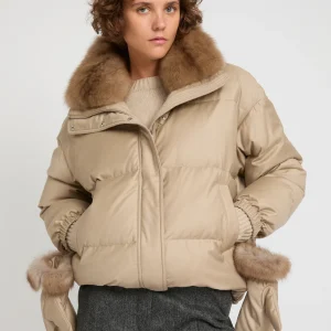 Short down jacket made with Loro Piana flannel and sable fur