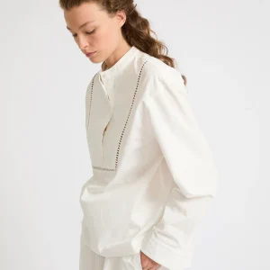 Cotton poplin blouse with leather inserts