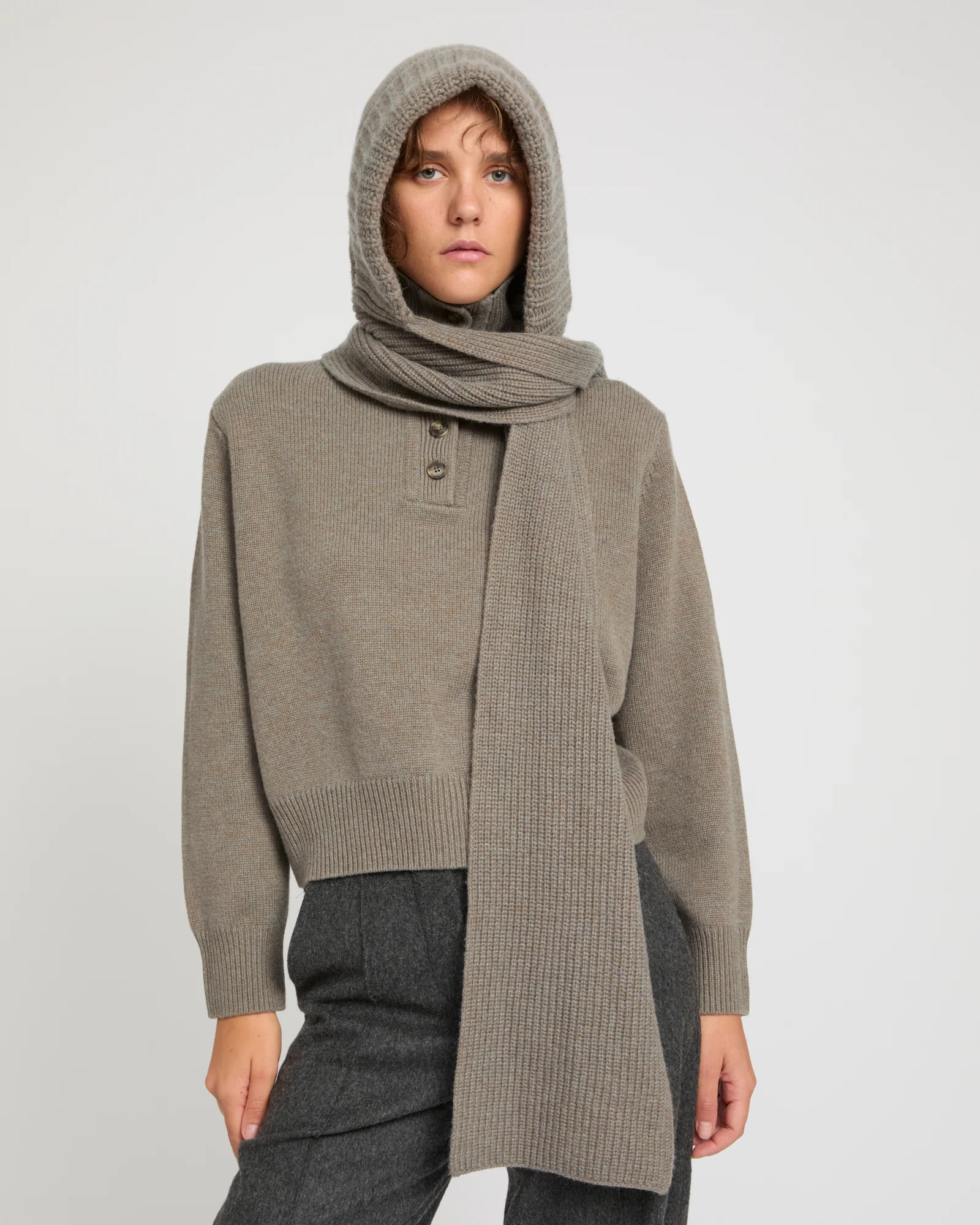 Cashmere and wool knit hooded scarf