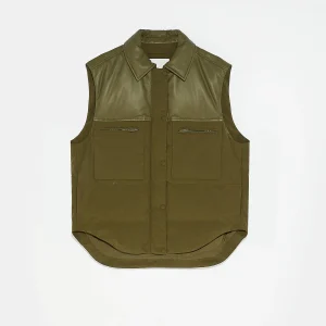 Down gilet in leather and technical fabric blend