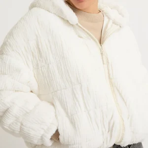 Short hooded down jacket in technical fabric reversible ribbed rex rabbit fur