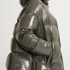 Hooded down jacket in shiny laminated nylon