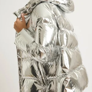 Hooded down jacket in shiny laminated nylon