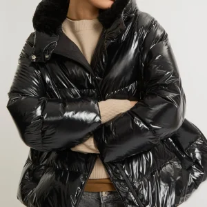 Hooded down jacket in shiny laminated nylon