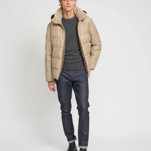 Short down jacket in Loro Piana fabric with mink trim