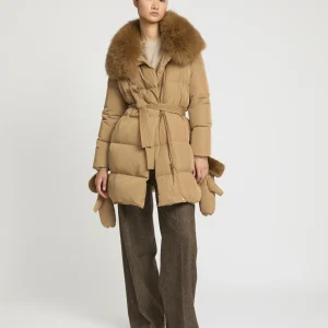 Long belted down jacket in technical fabric with detachable fox fur collar