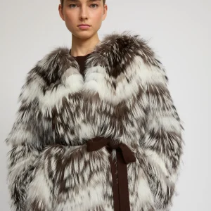 Belted coat in merino knit and fox fur