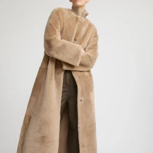 Extra long draped lambskin shearling coat