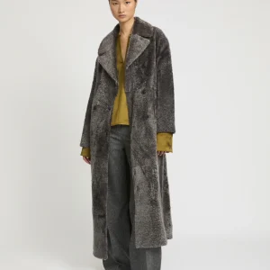 Double-breasted astrakan-style lambskin shearling coat