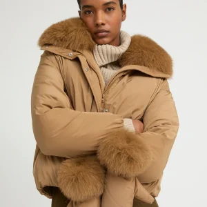 Short technical fabric down jacket with detachable fox fur collar