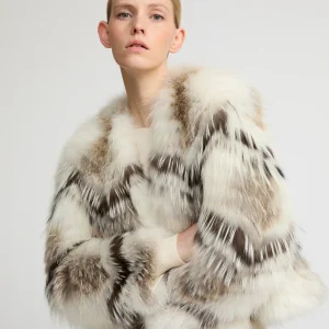 Belted cardigan in merino knit and fox fur