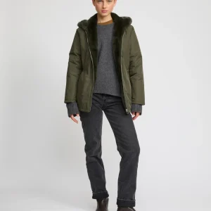 Reversible hooded jacket in rabbit rex fur and technical fabric