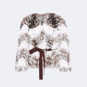 Belted cardigan in merino knit and fox fur