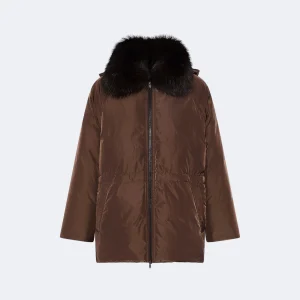 Technical fabric down cape with detachable fox fur collar